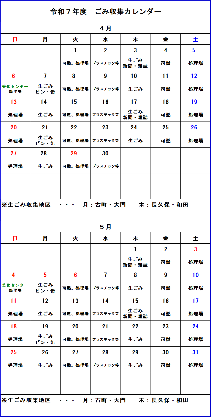 ごみ収集カレンダー 4月から5月