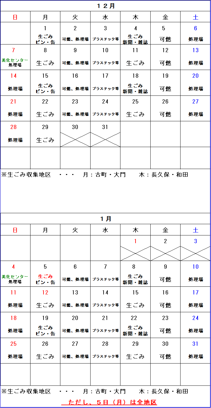 ごみ収集カレンダー 12月から1月