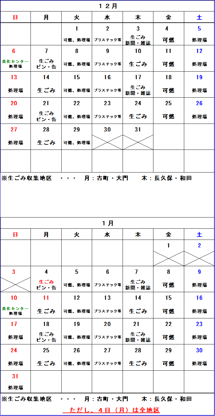 ごみ収集カレンダー 12月から1月