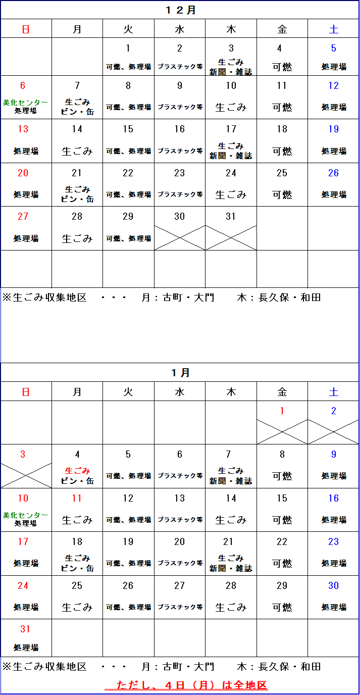 ごみ収集カレンダー 12月から1月