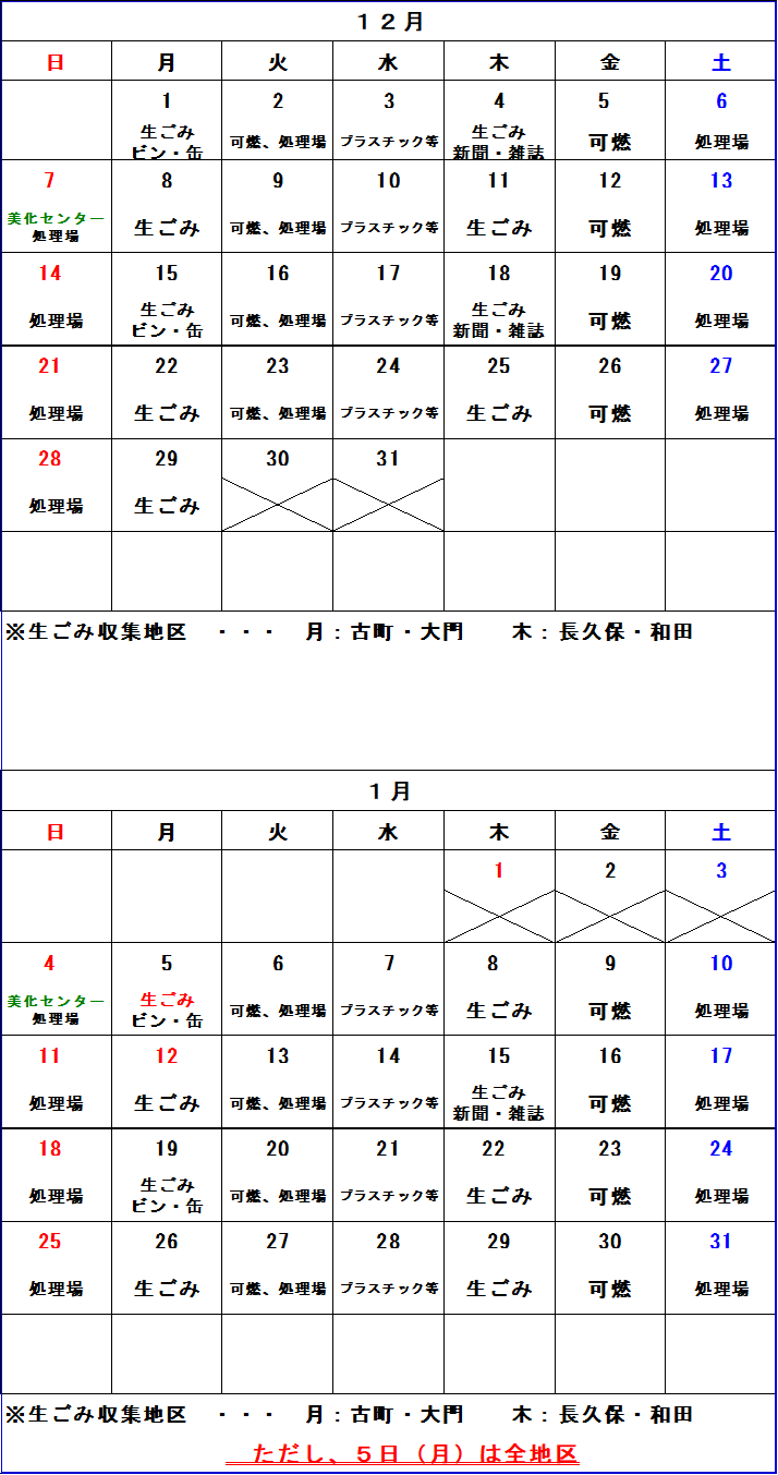 ごみ収集カレンダー 12月から1月