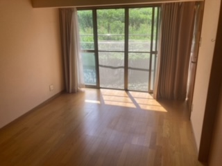 中央奥にサッシ、その左右にカーテンがある洋室内観の写真